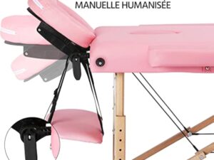 Abician Table de Massage Pliante Réglable en 8 Hauteurs Table de Massage Portable 3 Sections Pieds en Bois Massif Dossier Têtière Repose-Bras Hamac 213 x 80 x 84,5 cm Rose