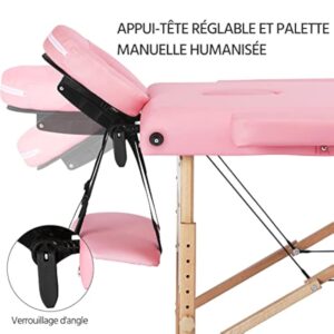 Abician Table de Massage Pliante Réglable en 8 Hauteurs Table de Massage Portable 3 Sections Pieds en Bois Massif Dossier Têtière Repose-Bras Hamac 213 x 80 x 84,5 cm Rose