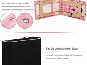 Abician Table de Massage Pliante Réglable en 8 Hauteurs Table de Massage Portable 3 Sections Pieds en Bois Massif Dossier Têtière Repose-Bras Hamac 213 x 80 x 84,5 cm Rose
