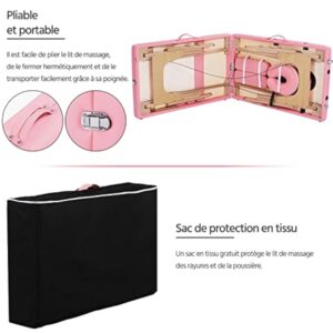 Abician Table de Massage Pliante Réglable en 8 Hauteurs Table de Massage Portable 3 Sections Pieds en Bois Massif Dossier Têtière Repose-Bras Hamac 213 x 80 x 84,5 cm Rose