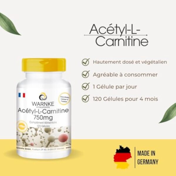 Acétyl-L-carnitine - 750mg - haute dose - vegan - 120 gélules | Warnke Vitalstoffe - Qualité des pharmacies allemandes – Image 3