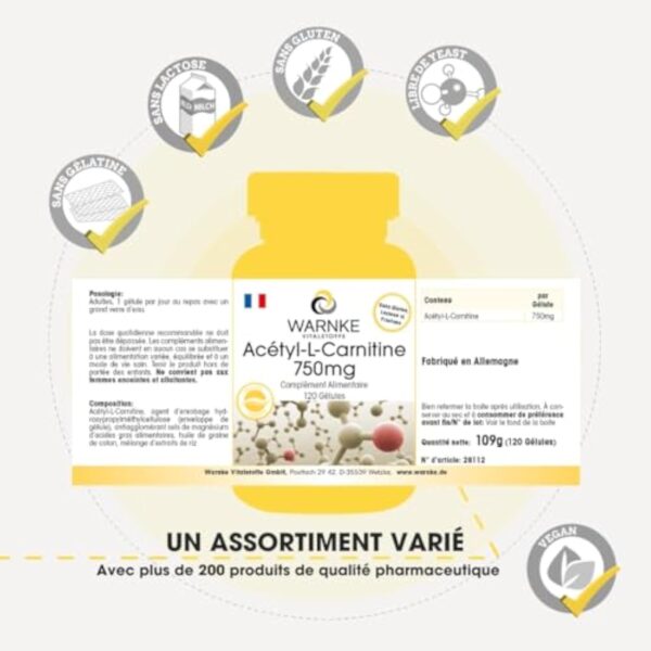 Acétyl-L-carnitine - 750mg - haute dose - vegan - 120 gélules | Warnke Vitalstoffe - Qualité des pharmacies allemandes – Image 4