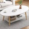 Anmas Power Table Basse Ovale Moderne Table,Double Couche en Bois avec étagère Épaisseur de la Planche 15 mm, Blanc End Table avec Pieds en pin pour Salon et Appartement(100x40x40)