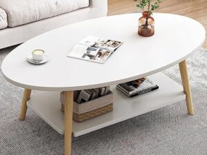 Anmas Power Table Basse Ovale Moderne Table,Double Couche en Bois avec étagère Épaisseur de la Planche 15 mm, Blanc End Table avec Pieds en pin pour Salon et Appartement(100x40x40)