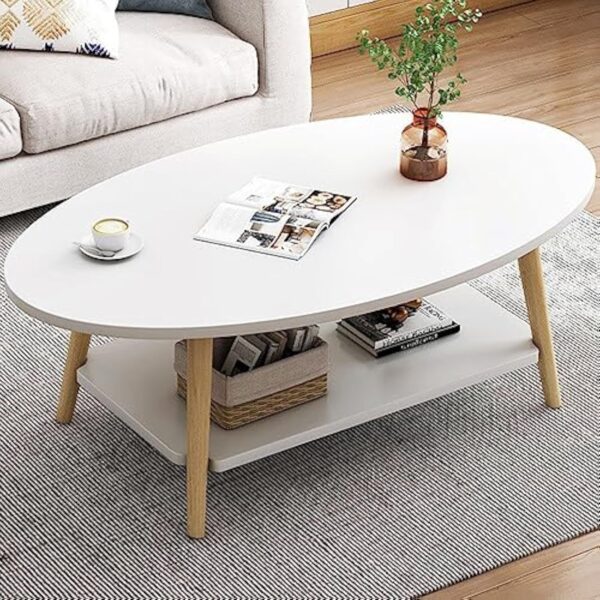 Anmas Power Table Basse Ovale Moderne Table,Double Couche en Bois avec étagère Épaisseur de la Planche 15 mm, Blanc End Table avec Pieds en pin pour Salon et Appartement(100x40x40) – Image 2