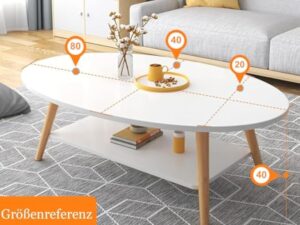 Anmas Power Table Basse Ovale Moderne Table,Double Couche en Bois avec étagère Épaisseur de la Planche 15 mm, Blanc End Table avec Pieds en pin pour Salon et Appartement(100x40x40)