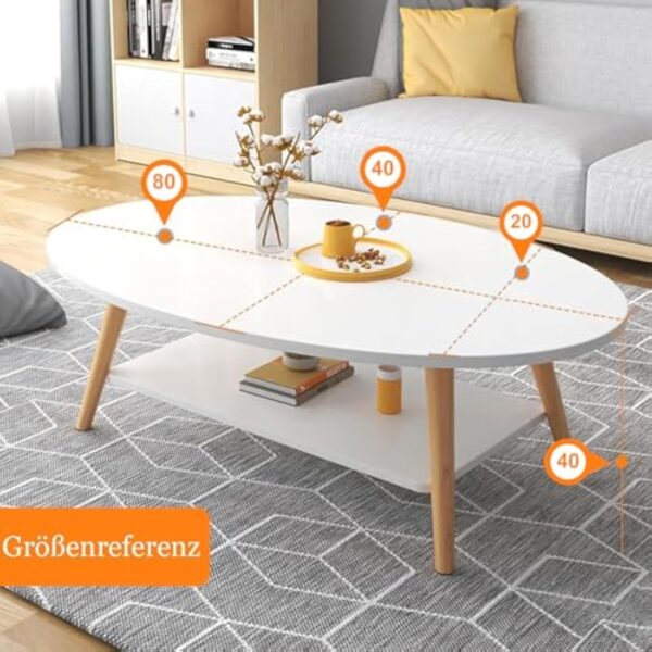 Anmas Power Table Basse Ovale Moderne Table,Double Couche en Bois avec étagère Épaisseur de la Planche 15 mm, Blanc End Table avec Pieds en pin pour Salon et Appartement(100x40x40) – Image 3