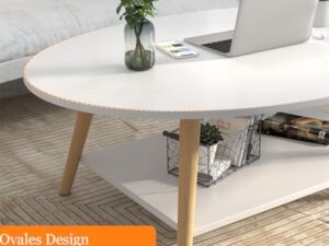 Anmas Power Table Basse Ovale Moderne Table,Double Couche en Bois avec étagère Épaisseur de la Planche 15 mm, Blanc End Table avec Pieds en pin pour Salon et Appartement(100x40x40)