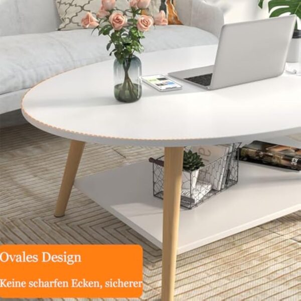 Anmas Power Table Basse Ovale Moderne Table,Double Couche en Bois avec étagère Épaisseur de la Planche 15 mm, Blanc End Table avec Pieds en pin pour Salon et Appartement(100x40x40) – Image 4