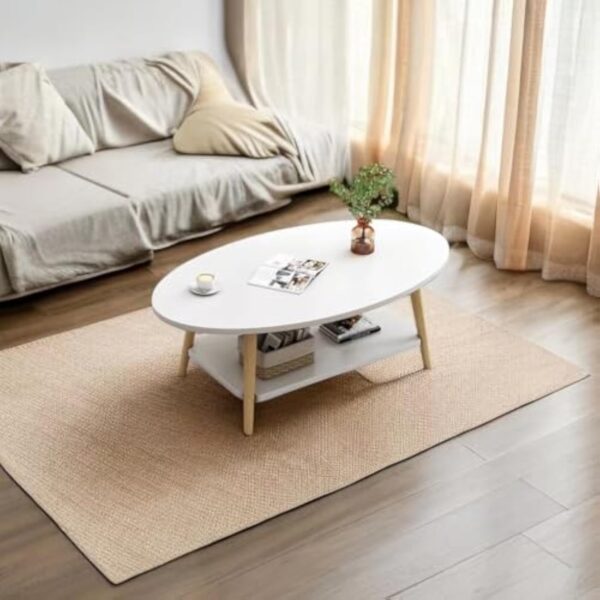 Anmas Power Table Basse Ovale Moderne Table,Double Couche en Bois avec étagère Épaisseur de la Planche 15 mm, Blanc End Table avec Pieds en pin pour Salon et Appartement(100x40x40) – Image 7