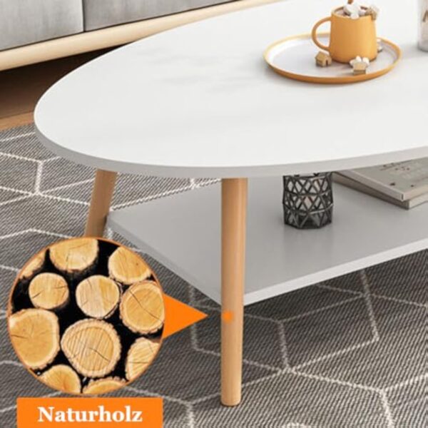 Anmas Power Table Basse Ovale Moderne Table,Double Couche en Bois avec étagère Épaisseur de la Planche 15 mm, Blanc End Table avec Pieds en pin pour Salon et Appartement(100x40x40) – Image 8