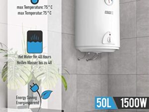 Aquamarin® Chauffe Eau Electrique - Capacité 50L, 220-240V, 1,5kW, Max 75°C, Economie d'Energie, Thermostat, Montage Vertical, Acier Emaillé - Chaudière Electrique, Réservoir, Salle de Bain
