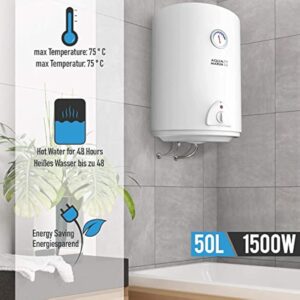 Aquamarin® Chauffe Eau Electrique - Capacité 50L, 220-240V, 1,5kW, Max 75°C, Economie d'Energie, Thermostat, Montage Vertical, Acier Emaillé - Chaudière Electrique, Réservoir, Salle de Bain