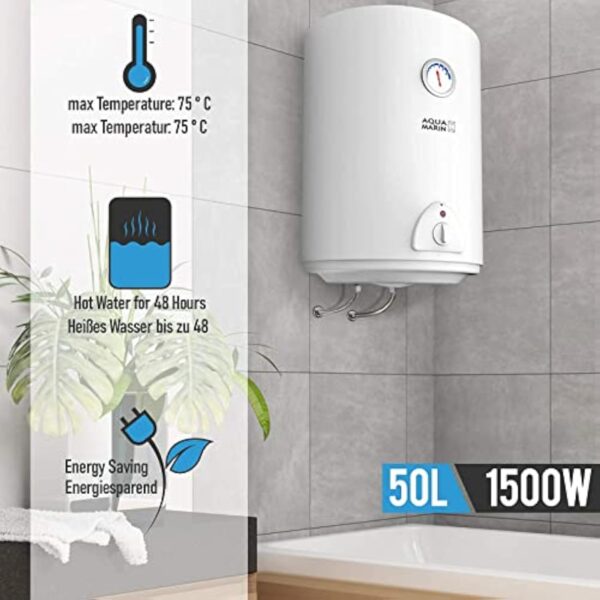 Aquamarin® Chauffe Eau Electrique - Capacité 50L, 220-240V, 1,5kW, Max 75°C, Economie d'Energie, Thermostat, Montage Vertical, Acier Emaillé - Chaudière Electrique, Réservoir, Salle de Bain – Image 3