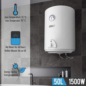 Aquamarin® Chauffe Eau Electrique - Capacité 50L, 220-240V, 1,5kW, Max 75°C, Economie d'Energie, Thermostat, Montage Vertical, Acier Emaillé - Chaudière Electrique, Réservoir, Salle de Bain