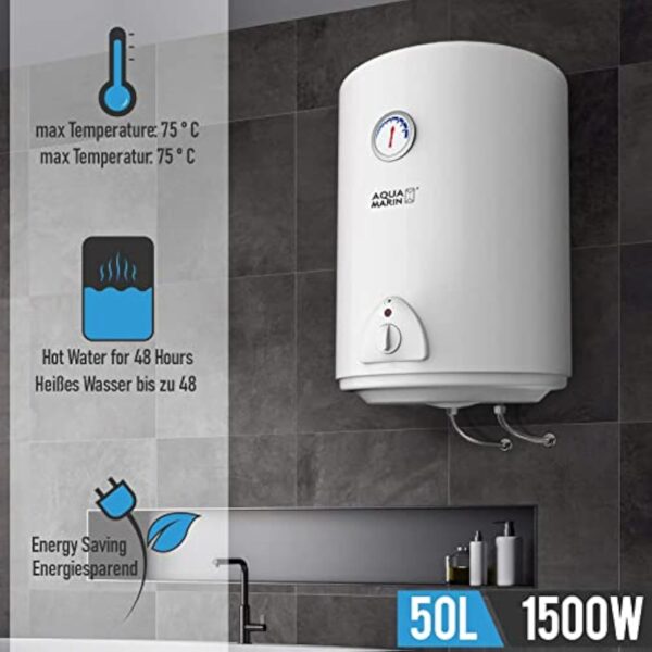 Aquamarin® Chauffe Eau Electrique - Capacité 50L, 220-240V, 1,5kW, Max 75°C, Economie d'Energie, Thermostat, Montage Vertical, Acier Emaillé - Chaudière Electrique, Réservoir, Salle de Bain – Image 5