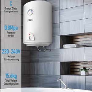 Aquamarin® Chauffe Eau Electrique - Capacité 50L, 220-240V, 1,5kW, Max 75°C, Economie d'Energie, Thermostat, Montage Vertical, Acier Emaillé - Chaudière Electrique, Réservoir, Salle de Bain