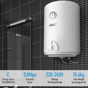 Aquamarin® Chauffe Eau Electrique - Capacité 50L, 220-240V, 1,5kW, Max 75°C, Economie d'Energie, Thermostat, Montage Vertical, Acier Emaillé - Chaudière Electrique, Réservoir, Salle de Bain