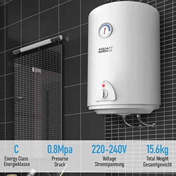 Aquamarin® Chauffe Eau Electrique - Capacité 50L, 220-240V, 1,5kW, Max 75°C, Economie d'Energie, Thermostat, Montage Vertical, Acier Emaillé - Chaudière Electrique, Réservoir, Salle de Bain – Image 8