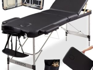 Arebos Table de massage mobile à 3 zones - Table de massage pliable - Hauteur réglable - En aluminium - Avec accessoires, appuie-tête, accoudoir et sac de transport - Noir