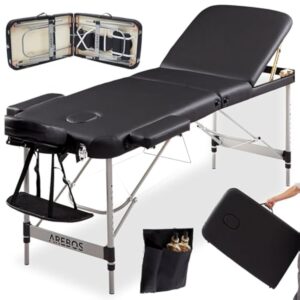 Arebos Table de massage mobile à 3 zones - Table de massage pliable - Hauteur réglable - En aluminium - Avec accessoires, appuie-tête, accoudoir et sac de transport - Noir
