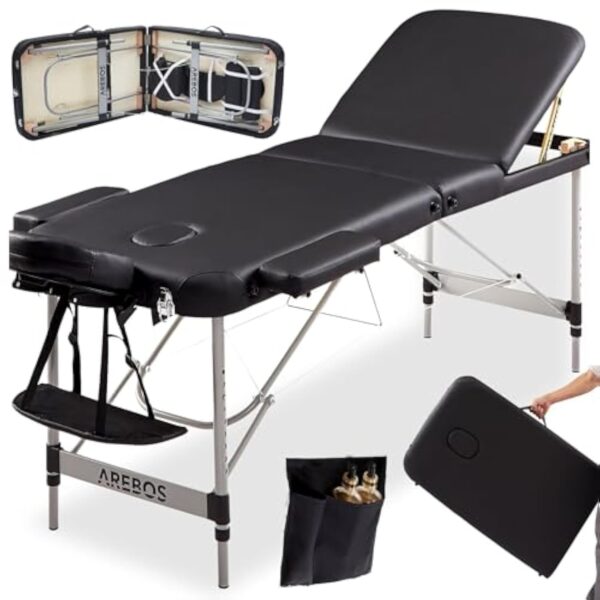 Arebos Table de massage mobile à 3 zones - Table de massage pliable - Hauteur réglable - En aluminium - Avec accessoires, appuie-tête, accoudoir et sac de transport - Noir – Image 2