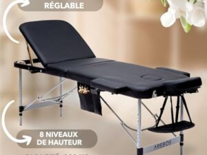 Arebos Table de massage mobile à 3 zones - Table de massage pliable - Hauteur réglable - En aluminium - Avec accessoires, appuie-tête, accoudoir et sac de transport - Noir