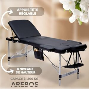 Arebos Table de massage mobile à 3 zones - Table de massage pliable - Hauteur réglable - En aluminium - Avec accessoires, appuie-tête, accoudoir et sac de transport - Noir