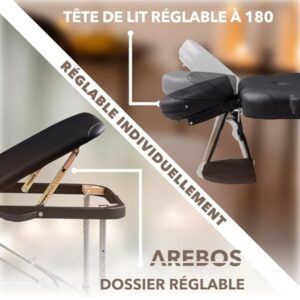 Arebos Table de massage mobile à 3 zones - Table de massage pliable - Hauteur réglable - En aluminium - Avec accessoires, appuie-tête, accoudoir et sac de transport - Noir