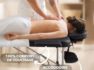 Arebos Table de massage mobile à 3 zones - Table de massage pliable - Hauteur réglable - En aluminium - Avec accessoires, appuie-tête, accoudoir et sac de transport - Noir