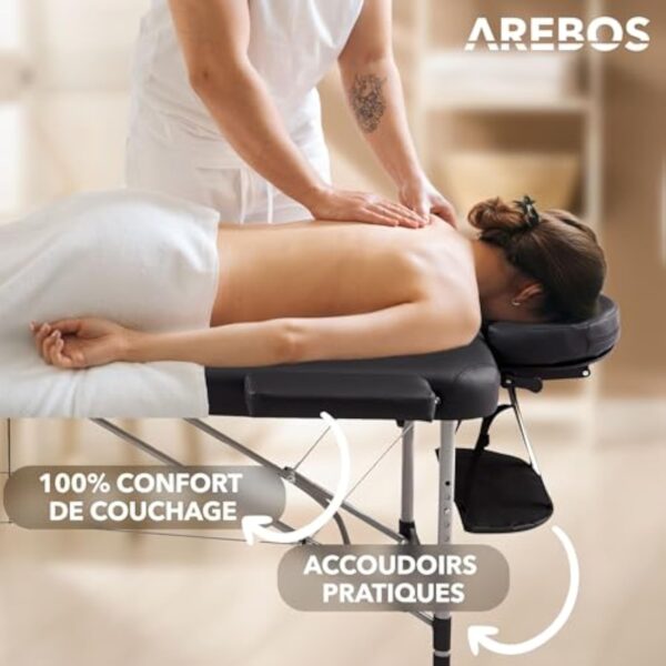 Arebos Table de massage mobile à 3 zones - Table de massage pliable - Hauteur réglable - En aluminium - Avec accessoires, appuie-tête, accoudoir et sac de transport - Noir – Image 5