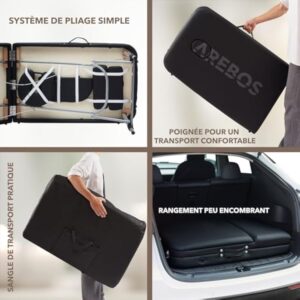 Arebos Table de massage mobile à 3 zones - Table de massage pliable - Hauteur réglable - En aluminium - Avec accessoires, appuie-tête, accoudoir et sac de transport - Noir