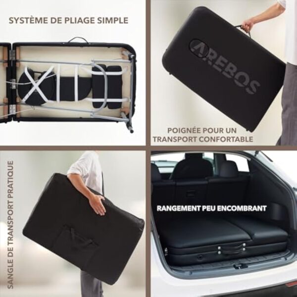 Arebos Table de massage mobile à 3 zones - Table de massage pliable - Hauteur réglable - En aluminium - Avec accessoires, appuie-tête, accoudoir et sac de transport - Noir – Image 6