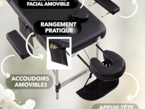 Arebos Table de massage mobile à 3 zones - Table de massage pliable - Hauteur réglable - En aluminium - Avec accessoires, appuie-tête, accoudoir et sac de transport - Noir