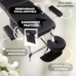 Arebos Table de massage mobile à 3 zones - Table de massage pliable - Hauteur réglable - En aluminium - Avec accessoires, appuie-tête, accoudoir et sac de transport - Noir