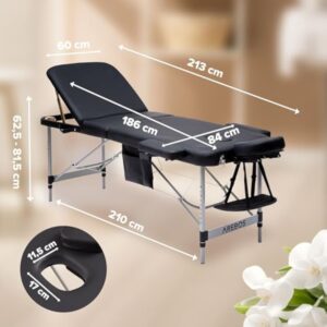 Arebos Table de massage mobile à 3 zones - Table de massage pliable - Hauteur réglable - En aluminium - Avec accessoires, appuie-tête, accoudoir et sac de transport - Noir