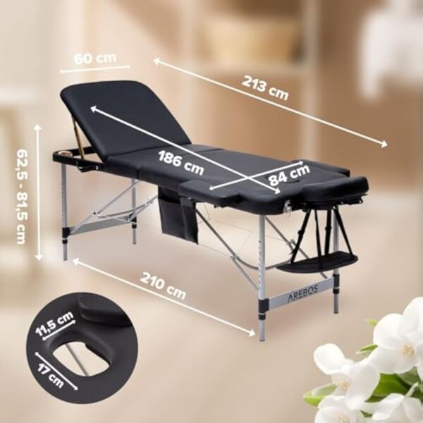 Arebos Table de massage mobile à 3 zones - Table de massage pliable - Hauteur réglable - En aluminium - Avec accessoires, appuie-tête, accoudoir et sac de transport - Noir – Image 8
