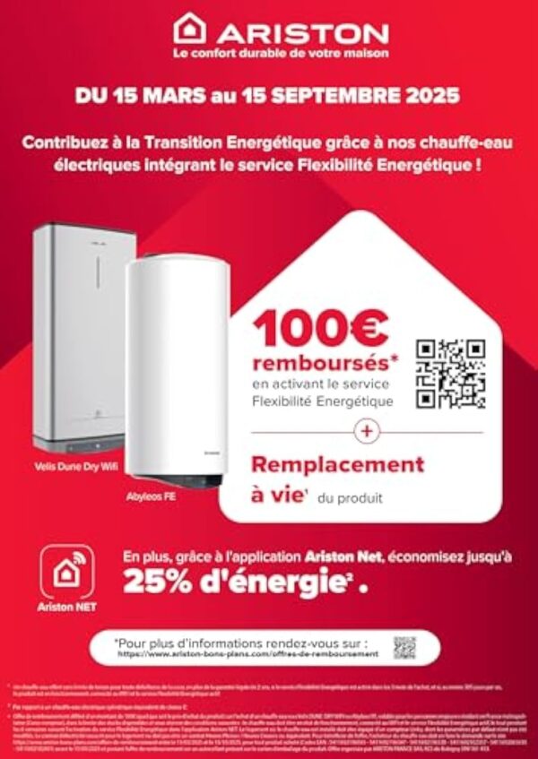 Ariston Velis Evo Dune Dry WiFi 65L – Chauffe-Eau Plat Intelligent – Gain de place Ultra-Plat 27cm – Multiposition – 25% d'Économie d'Énergie – Flexibilité Énergétique – Installation en France – Image 3