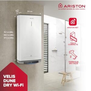 Ariston Velis Evo Dune Dry WiFi 45L – Chauffe-Eau Plat Intelligent – Gain de place Ultra-Plat 27cm – Multiposition – 25% d'Économie d'Énergie – Flexibilité Énergétique – Installation en France
