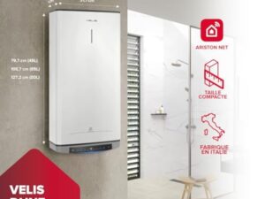 Ariston Velis Evo Dune Dry WiFi 65L – Chauffe-Eau Plat Intelligent – Gain de place Ultra-Plat 27cm – Multiposition – 25% d'Économie d'Énergie – Flexibilité Énergétique – Installation en France