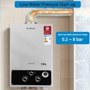 BreeRainz 18LPM Chauffe-Eau à Gaz,36KW Chauffe-Eau à Gaz Instantané Propane Butane,Pression d'eau de Démarrage Super Basse,pour Maison,Camping-car
