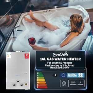 BreeRainz Chauffe-eau à Gaz 16LPM,32KW Chauffe-eau à Gaz GPL Propane Butane,Pression d'eau de Démarrage Super Basse,pour la Maison et I'extérieur