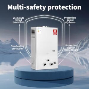 BreeRainz Chauffe-eau à Gaz 16LPM,32KW Chauffe-eau à Gaz GPL Propane Butane,Pression d'eau de Démarrage Super Basse,pour la Maison et I'extérieur
