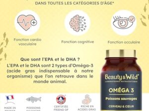 Capsules d'OMÉGA 3-2000mg d’Huile de Poissons Sauvages, Riche en acide aminés EPA/DHA, Santé du Cœur, Cholestérol, Cerveau, Idéal Musculation, Fitness, 120 capsules d'oméga 3 - Beauty&Wild