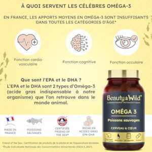 Capsules d'OMÉGA 3-2000mg d’Huile de Poissons Sauvages, Riche en acide aminés EPA/DHA, Santé du Cœur, Cholestérol, Cerveau, Idéal Musculation, Fitness, 120 capsules d'oméga 3 - Beauty&Wild