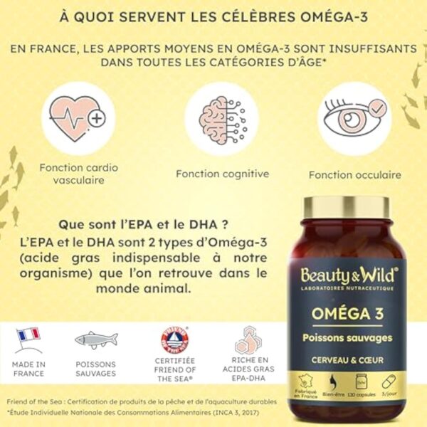 Capsules d'OMÉGA 3-2000mg d’Huile de Poissons Sauvages, Riche en acide aminés EPA/DHA, Santé du Cœur, Cholestérol, Cerveau, Idéal Musculation, Fitness, 120 capsules d'oméga 3 - Beauty&Wild – Image 3