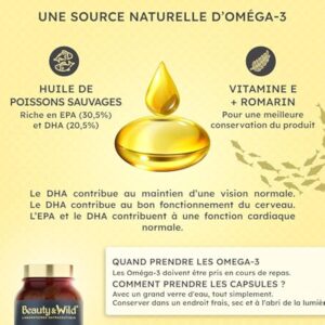 Capsules d'OMÉGA 3-2000mg d’Huile de Poissons Sauvages, Riche en acide aminés EPA/DHA, Santé du Cœur, Cholestérol, Cerveau, Idéal Musculation, Fitness, 120 capsules d'oméga 3 - Beauty&Wild