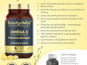 Capsules d'OMÉGA 3-2000mg d’Huile de Poissons Sauvages, Riche en acide aminés EPA/DHA, Santé du Cœur, Cholestérol, Cerveau, Idéal Musculation, Fitness, 120 capsules d'oméga 3 - Beauty&Wild