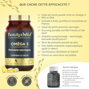 Capsules d'OMÉGA 3-2000mg d’Huile de Poissons Sauvages, Riche en acide aminés EPA/DHA, Santé du Cœur, Cholestérol, Cerveau, Idéal Musculation, Fitness, 120 capsules d'oméga 3 - Beauty&Wild