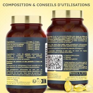 Capsules d'OMÉGA 3-2000mg d’Huile de Poissons Sauvages, Riche en acide aminés EPA/DHA, Santé du Cœur, Cholestérol, Cerveau, Idéal Musculation, Fitness, 120 capsules d'oméga 3 - Beauty&Wild
